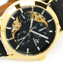 Moon Skeleton Golden Black Leather Men Cuff Wrist Watch Automatic Mechanical