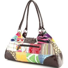 Multi & Brown Rhinestone Buckle Accent Multi Pattern Patchwork Satchel