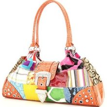 Multi & Orange Rhinestone Buckle Accent Multi Pattern Patchwork Satchel