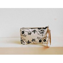 Natural Canvas Wristlet with Dala Print in Black