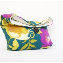 Navy Clutch, Gold and Purple Floral Clutch, Bridesmaid Gift, Bridesmaid Clutch Purse, Under 25, Makeup Bag