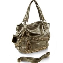 New Women's GrayTop zip closure with studs Handbag -