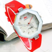 Octagon Dial Men Women's Diamond Watch Jelly Red Rubber Stone Silico