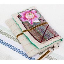 OOAK natural linen clutch with cotton flower applique, eco bag with cotton linning