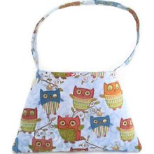 Owl Tote Bag Purse Child's Bag Teen Purse Pink Blue Green Owls on Blue OOAK Style 2