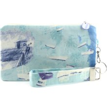 Pastel wristlet / blue beach clutch / nautical purse / handmade fabric bag featuring blue boats in the ocean