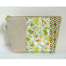 Patchworked Cosmetic Pouch large, Bird green and orange