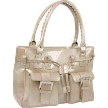 Patent leatherette pocket front women croco shoulder bag handbag