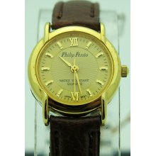 Philip Persio Women's Gold Tone Gold Dial Brown Leather Strap Watch Japan Movt