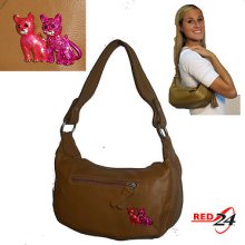 Pink Cat Brooch Leather Shoulder Bag