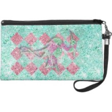 Pink Teal Glitter Checkered Pattern Girly Flamingo Wristlet Clutches