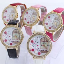 Polymer Clay Watch Handmade Lady Women Leather Rhinestones Wristwatch N8