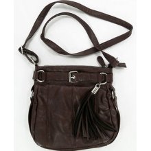 Poppie Jones Brown Faux Leather Crossbody Bag Purse Tassel & Buckle $58 Exc Cond