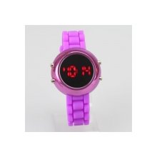 Popular Silicone Band Stainless Steel Case Digital Red LED Light Sports Style Round Mirror Face Wrist Watch Purple