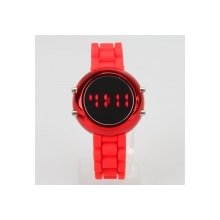 Popular Silicone Band Stainless Steel Case Digital Red LED Light Sports Style Round Mirror Face Wrist Watch Red