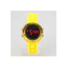 Popular Silicone Band Stainless Steel Case Digital Red LED Light Sports Style Round Mirror Face Wrist Watch Yellow