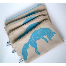 POUCH PURSE - Wild Leaping Fox - Turquoise Print - Makeup Case - Jewellery Bag