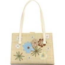 Preowned Lambertson Truex Beige Straw Embroidered Flower Frame Handbag