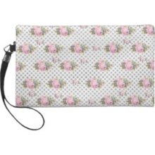 Preppy Girly Pink Vintage Flowers Gray Polka Dots Wristlet