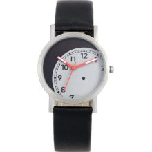 Projects Unisex Lost Time Sliding Dial Analog Stainless Watch - Black Leather Strap - Silver Dial - 6101L B