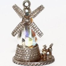 Rare Moving Windmill & Couple Vintage Sterling Silver Bracelet Charm Crystal Set