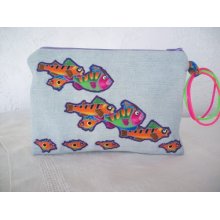 Reclaimed Denim Appliqued Tropical Fish Wristlet Upcycled Blue Jeans