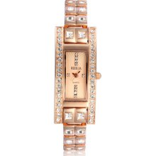 Rectangle Golden Dial Square Gem Lattice Band Gentle Women's British Wrist Watch