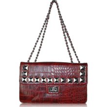 Red Chain Studded Shoulder Handbag In Mock-croc