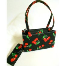 Red Cherries Printed Fabric Black Purse- Retro Hand Bag Sequin Day Evening