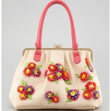 RED Valentino Floral Woven Raffia Frame-Top Handbag