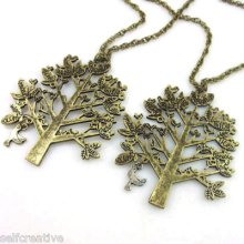 Retro Gold Leafy Tree Bird Words Long Necklace 2 Colors