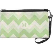 Retro Green & Cream Chevron Monogrammed Wristlet