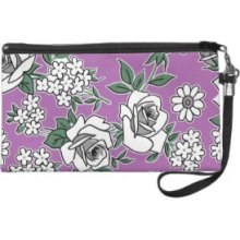 Retro Roses, Vintage Print In Magenta And White Wristlet