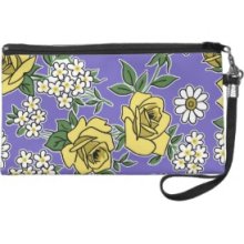 Retro Roses, Vintage Print In Lavender And Yellow Wristlets