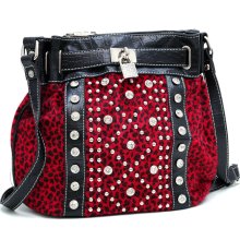 Rhinestone & Stud Leopard Messenger Cross Body Handbag w/ Lock - Red - Faux Fur - Red