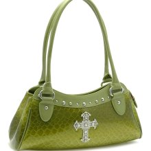 Rhinestone cross accented snake skin embossed shoulder bag