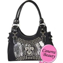 Rhinestone Fleur De Lis Nailhead Applique Scalloped Hobo Handbag Purse Black