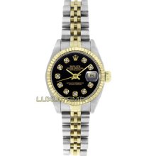 Rolex Ladys Watch Ss & Gold Datejust 6917 Black Diamond Dial 18k Gold Bezel Mint