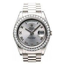 Rolex Men's Day-Date II Watch White Gold Silver Roman/Diamond Bezel