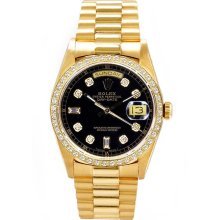 Rolex Men's President Yellow Gold Custom Diamond Bezel & Black Diamond Dial