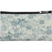 Romantic White and Blue Roses Makeup Bag