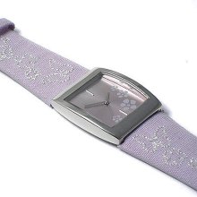 Sale Ladies Pretty Floral Embroidered Strap Watch - Lilac. Gift Boxed Bargain