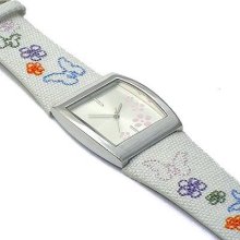 Sale Ladies Pretty Floral Embroidered Strap Watch - Cream. Gift Boxed Bargain