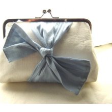 Samatha - Beautiful Blue And Ivory Dupioni Silk Clutch With Knot Bow