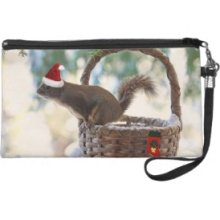 Santa Squirrel in Snowy Christmas Basket Wristlet Clutch