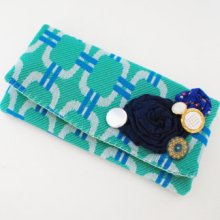 Seafoam Clutch Wallet with Blue Rosettes and White, Gold Buttons