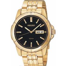 Seiko Quartz Mens Black Day/Date Gold Tone Stainless Steel Braceletwatch SGG788