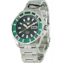 Seiko SRP205 Mens Stainless Steel Seiko 5 Sports Automatic Black Dial Day Date Green Bezel