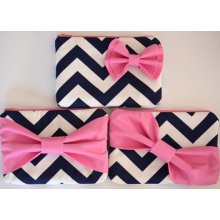 Set of 3 Bridesmaids Clutch Bridesmaid Pouch Bridal Clutch Bridal Accessories Cosmetic Case Zippered Navy & White Chevron with Pink Bow