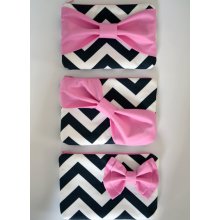 Set of 6 Bridesmaids Clutch Bridesmaid Pouch Bridal Clutch Bridal Accessories Cosmetic Case Zippered Black & White Chevron with Pink Bow